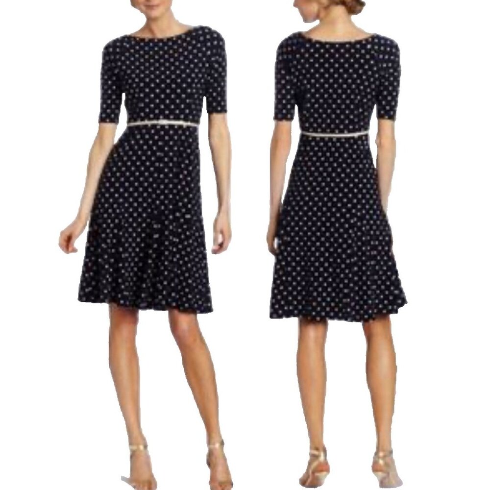 Jones NY Dress 8 Black Tan Polka Dot Short Sleeve Stretch Career Church